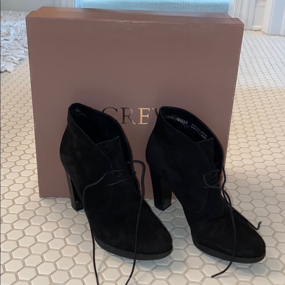 Lightly worn black suede heeled boots